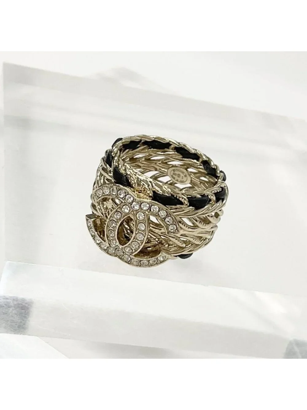 Chanel CC Logo Rhinestone Leather Ring Gold